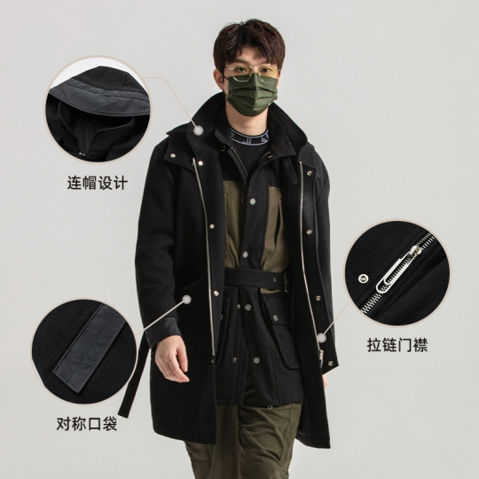 JDV men's clothing store same style new fall and winter black hooded splicing warm mid-length woolen coat jacket