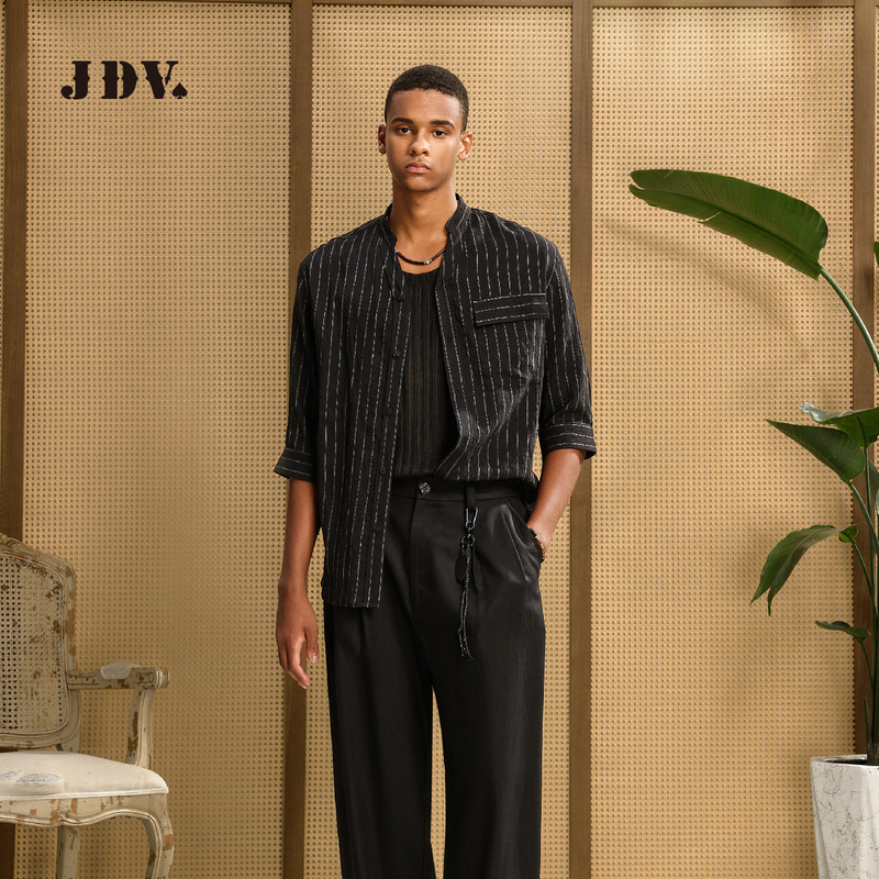 Jdv Mall Same Style V-Neck Stand-Up Collar Shirt 2026 Summer New Retro Striped Mid-Sleeve Shirt Siha117