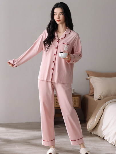 Pure cotton pajamas for women in spring and autumn, skin-friendly and breathable cardigan long-sleeved trousers that can be worn outside home clothes set 2025 new style