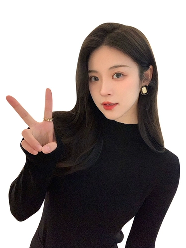 Черный цветной трикотажный демисезонный модный лонгслив, высокий воротник, в западном стиле