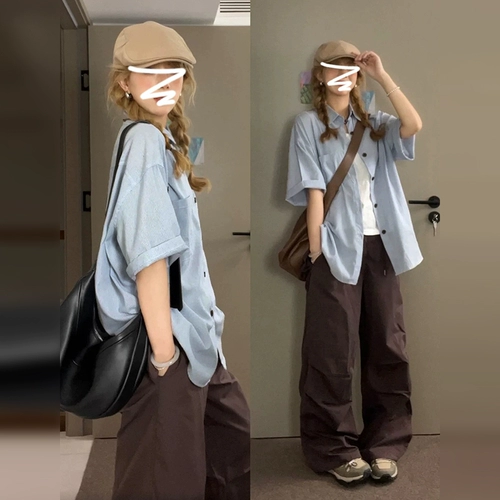 Синяя летняя рубашка, куртка, защита от солнца, премиум класс, свободный крой, французский стиль