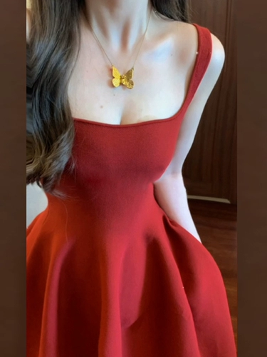 Сексуальное красное весеннее платье, приталенный летний корсет, квадратный вырез, французский стиль