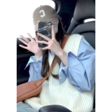 Синяя рубашка, жилет, весенний дизайнерский комплект, тренд сезона, французский стиль