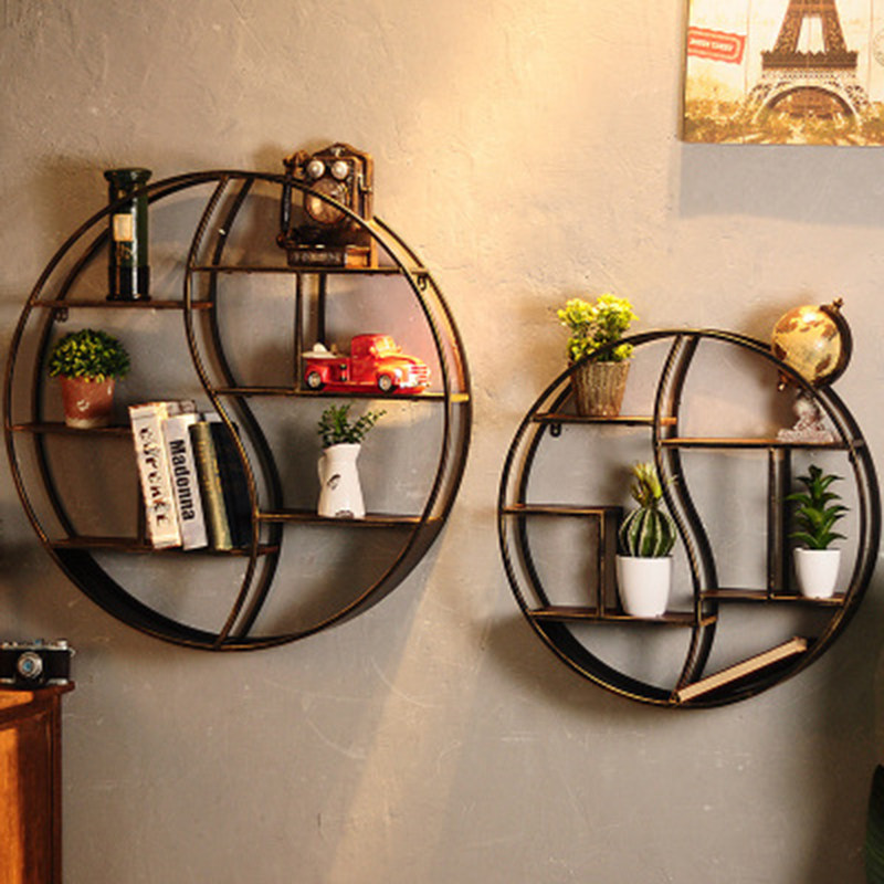 Retro Industrial Wind Bookshelves Living Room Wall-mounted Wall Creative Shelf American Iron Art Wall Decorative Round Shelf