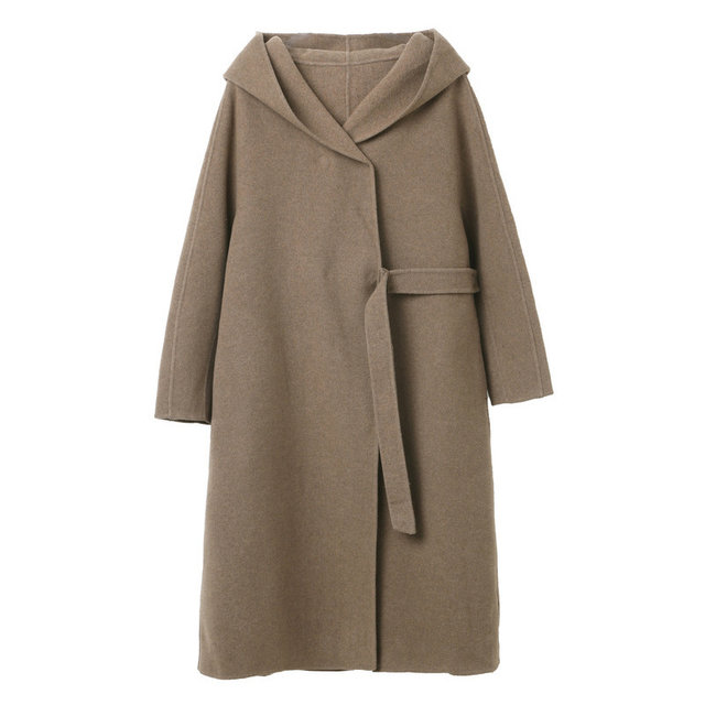 Scenery wool coat women's winter literary style hooded long-sleeved solid color buttoned belt mid-length woolen coat