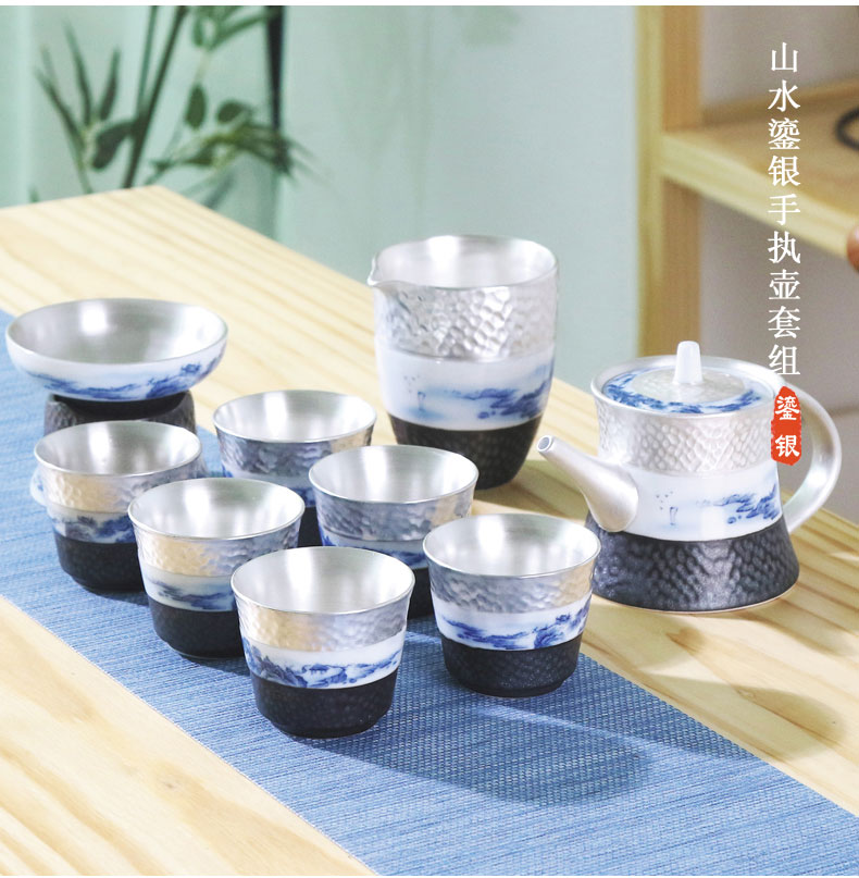 Xin yi yuan blue and white porcelain and tasted silver gilding ceramic tea set kung fu home office tea tureen tea pot