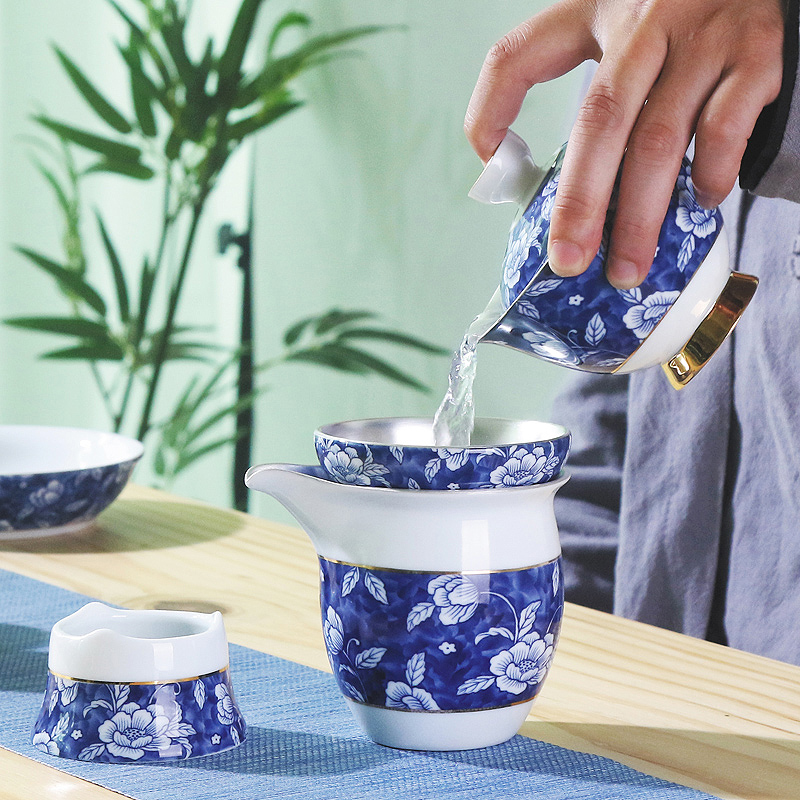 Xin arts edge ceramic coppering. As silver kung fu tea set a complete set of tea cups lid bowl of blue and white porcelain tea set