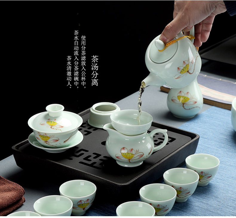 A complete set of tea cups celadon kung fu tea set tea tea pot lid bowl tea hand - made ceramic tea set