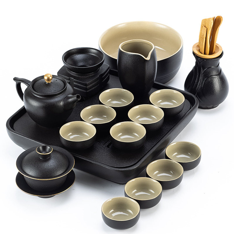 Xin Art Edge Sketching Gold Coarse Pottery Tea Set Group Home Upmarket Office Guests Light Extravagant Whole Kungfu Teapot Tea Cup