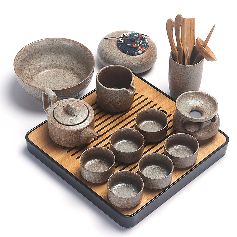 Retro rough pottery Japanese-style kung fu tea set home modern minimalist ceramic landscape tea cup teapot small tea table