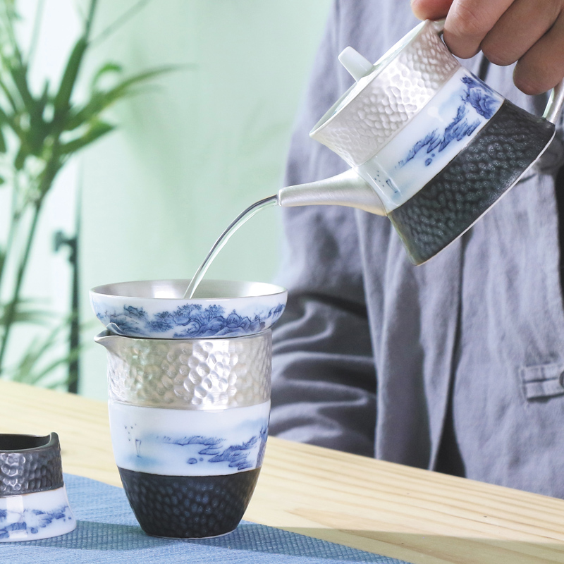 Xin yi yuan blue and white porcelain and tasted silver gilding ceramic tea set kung fu home office tea tureen tea pot