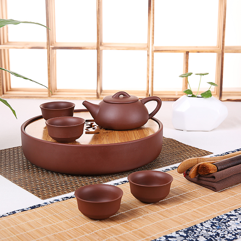 Bamboo small purple sand tea tray was home office travel car round dry tea yixing purple sand tea set