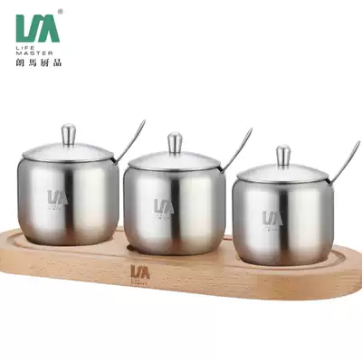 Langma stainless steel seasoning jar 3 pieces set household kitchen utensils salt jar seasoning box covered solid wood base