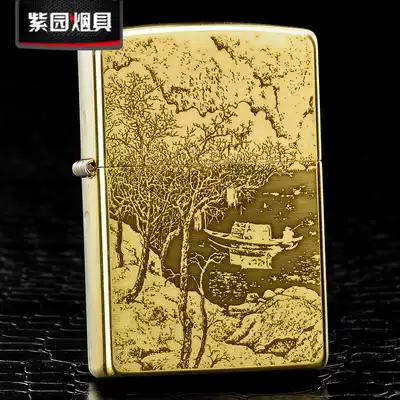 Original ZIPPO lighter pure copper three-sided carving Qiujiang fishing picture genuine Zhibao kerosene windproof
