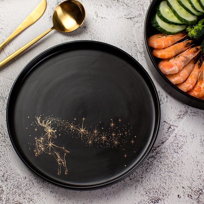 Nordic creative ceramic tableware, household dish dish dish beefsteak plate, black deer rice bowls rainbow such as bowl soup bowl