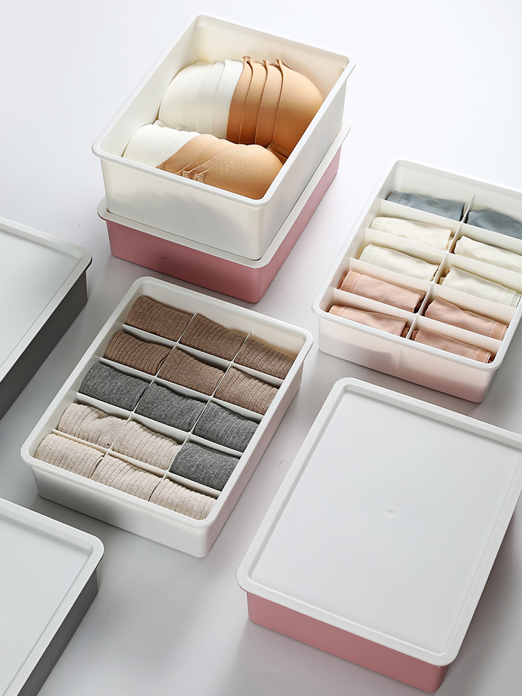 Plastic storage box Underwear panty drawer type split grid student dormitory female bra socks covered storage box Household