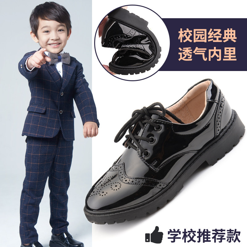 Boy leather shoes Black Inn Wind student Flower Boy Scout Children's Little Boy Performance Shoe Spring Children Black Leather Shoes