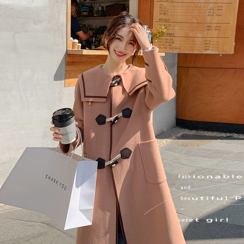 Small pink woolen coat women's horn buckle 2021 autumn and winter new navy collar contrast color age-reducing woolen coat