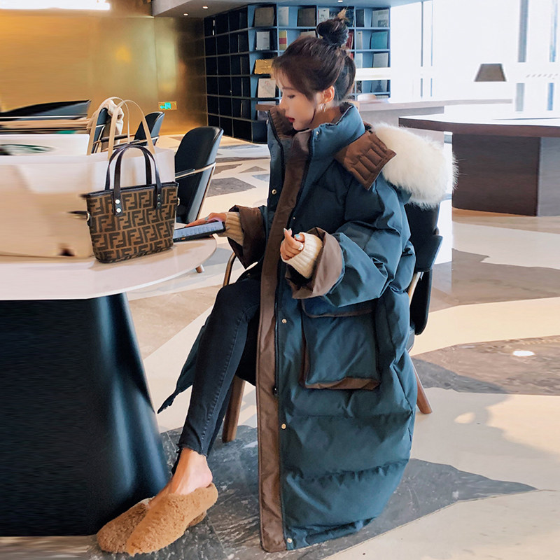 Foggy Blue Cotton Clothing Women Ins Tide Long Version Over Knee 2021 Winter New Straight Barrel Loose Thickened Large Fur Collar Cotton Clog