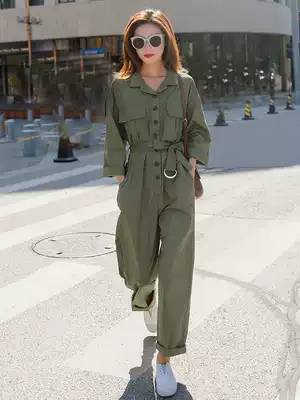 Army green tooling jumpsuit women's loose bf thin high waist spring and autumn 2020 new wide-leg jumpsuit women's trend