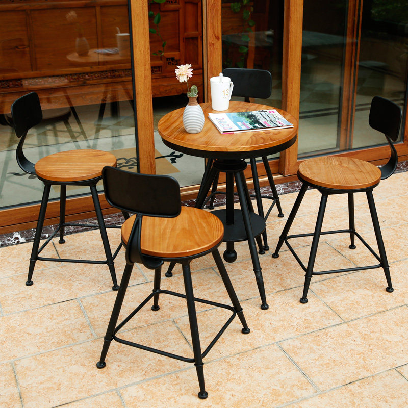 American loft wrought iron dining table and chairs round table retro solid wood back bar chairs high stools cafe leisure tables and chairs