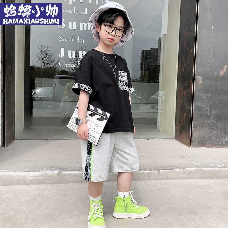 Boy Suit Summer 2022 New Trendy Handsome Boy Personality Printed Short Sleeve Suit CUHK Boy Two Sets