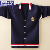 Boys sweater cardigan 2021 spring new style in the big childrens knitted jacket spring and autumn children pure cotton boys tide