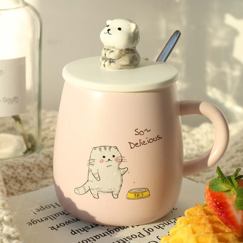 Cute ceramic water cup with lid spoon coffee Mark Oats Breakfast girl Net Red office high value home
