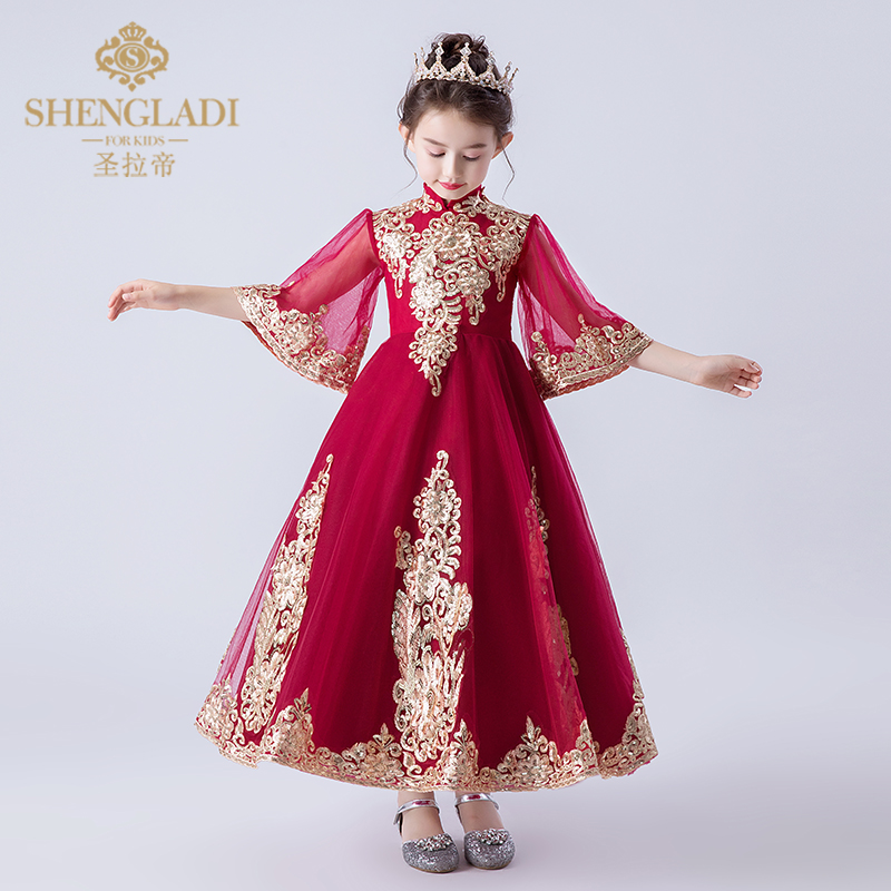Váy hoa cô gái nữ đám cưới cô gái công chúa váy đỏ fluffy dài tay cưới chủ nhà biểu diễn trang phục mùa thu váy công chúa cho bé gái 12 tuổi