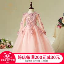 Flower childrens dress womens autumn and winter childrens wedding dress girls princess dress pink long childrens wedding puffy gauze