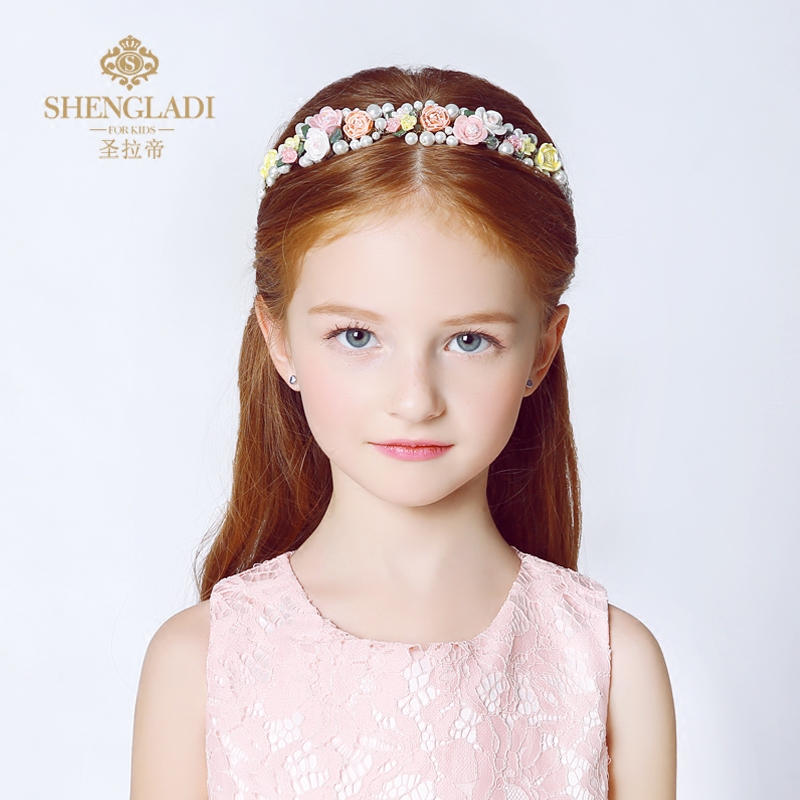 Children's headwear girl princess hair accessories pink ceramic headband flower girl headwear Korean pearl headband crown head flower