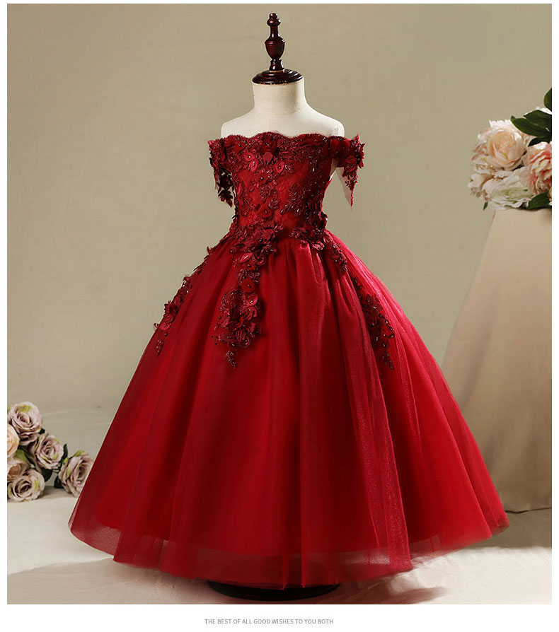 Công chúa váy cô gái dạ hội trẻ em chủ nhà váy cưới váy dài catwalk đỏ từ vai váy cưới váy mùa thu và mùa đông áo vest trẻ em