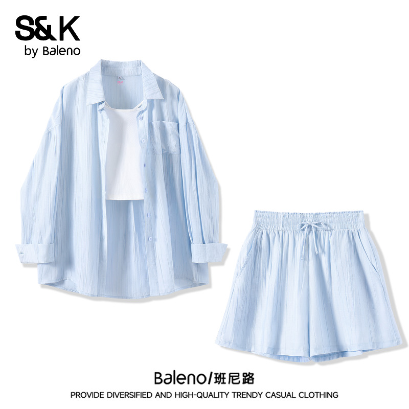 バレーノS&amp;Kシリーズブルーシャツスーツレディース夏新作薄手肌に優しいゆったり通気性フルセット女性Q