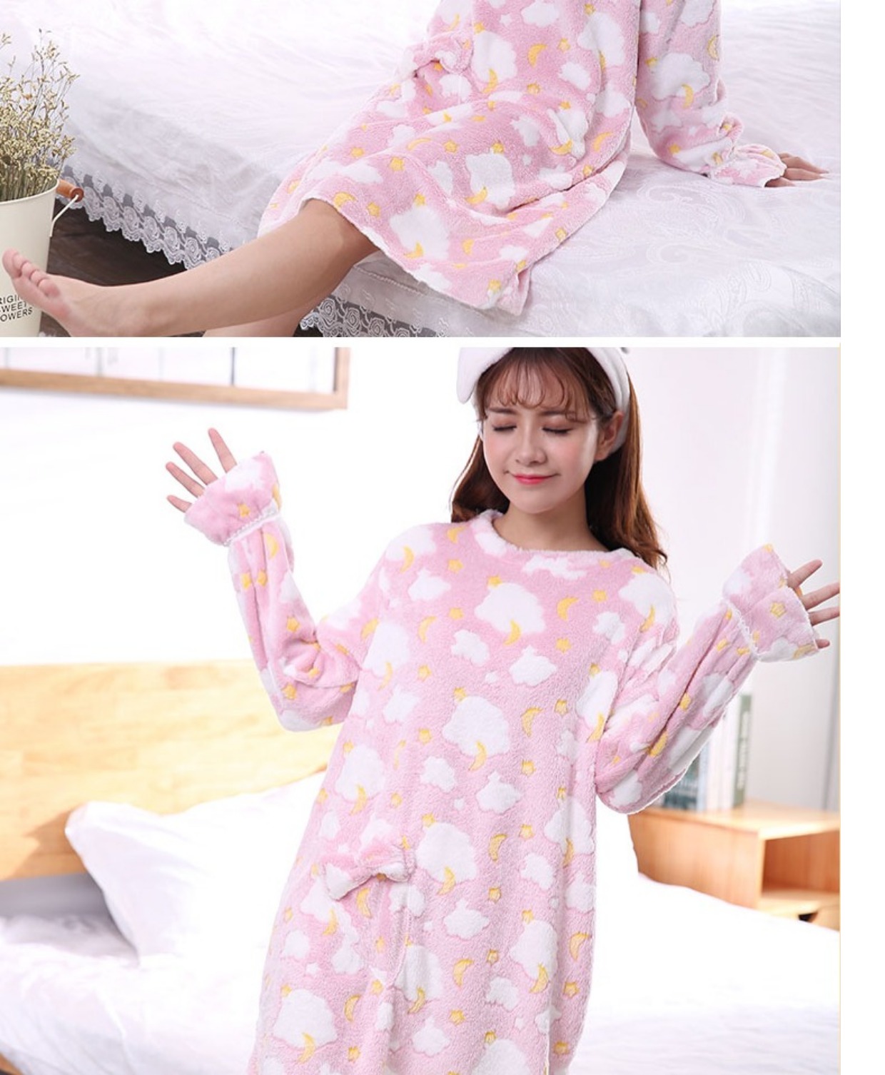 Váy ngủ mùa đông nữ dễ thương nhung san hô flannel dài ấm dày dày dài Hàn Quốc ngọt ngào công chúa đồ ngủ đồ ngủ voan mỏng