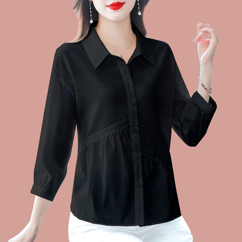 Pure Cotton Black Three-Quarter Sleeve Shirt for Women, Spring and Summer New Style, Loose and Fashionable Top, Stylish Mother's Wear Half-Sleeve Shirt