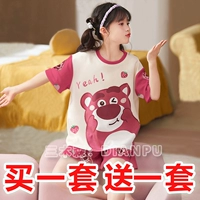 Хлопковая летняя пижама, тонкий комплект, клубника, короткий рукав, подходит для подростков, семейный стиль