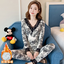Autumn clothes and autumn trousers black lace sexy ladies plus thin velvet 2023 new winter base thermal underwear set