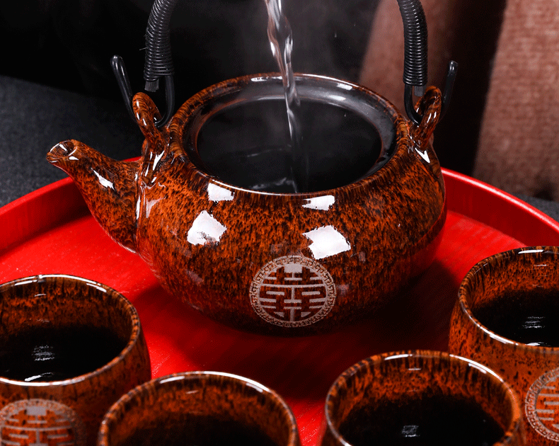 Wedding tea suit household of Chinese style Wedding package ceramic big red tea cup teapot tea tray teapot