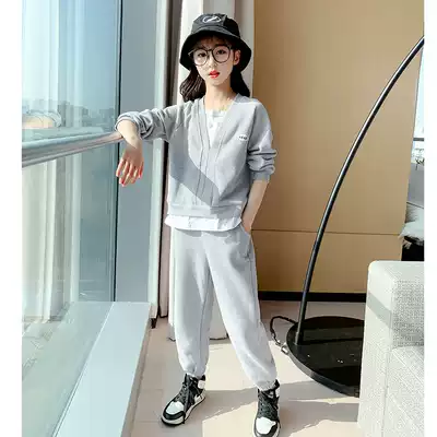 Girls ' sports suit 2021 new casual spring clothes girls middle school children's Western school loose two-piece cotton clothes tide
