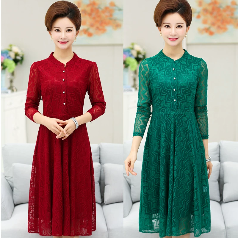 Váy ren dài tay mùa thu cho phụ nữ trung niên và cao tuổi, váy mẹ dài vừa phải, phom dáng rộng, phần đế váy dài qua đầu gối - Váy dài