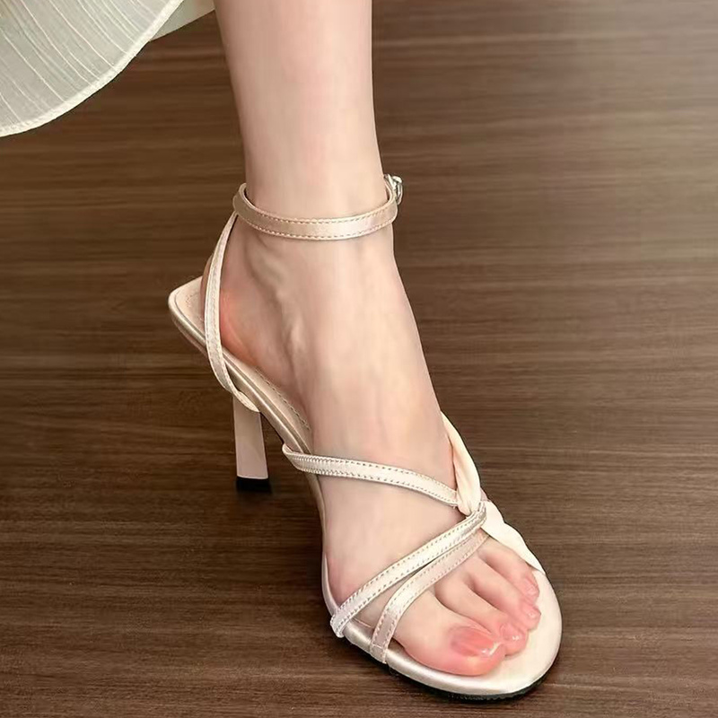 2026 Summer New Style Strappy High Heels for Women, Fairy Style, Gentle Pink Stiletto Heels, Satin One-Strap Open-Toe Sandals