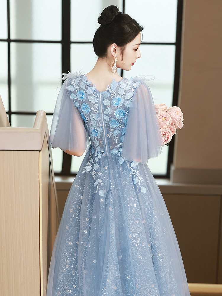 Blue Evening Dress Women Lace Light Luxury Banquet French Host Long Floral  Dress | eBay
