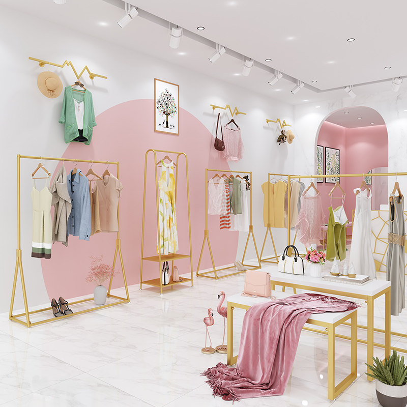 Auberton Clothing Store Show Shelves Landing Style Gold Hanging Clothes Rod Clothes Racks Women's Clothing Store Shelves Creative Decorations