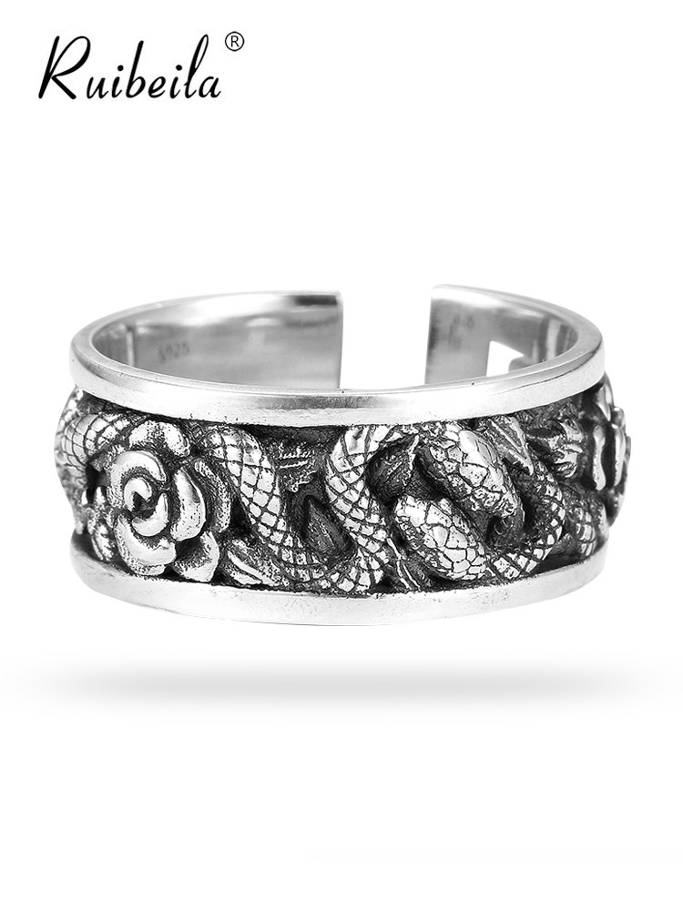 ruibeila (secret)rose double snake winding ring for men and women 925 silver vintage Thai silver hip hop ring tide