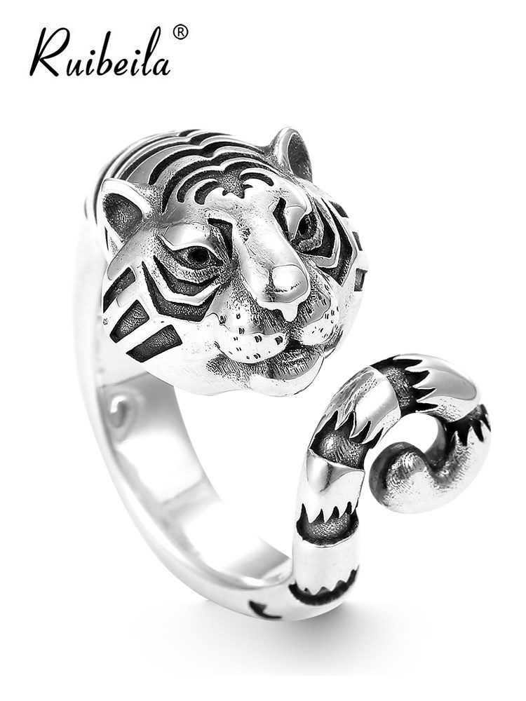 ruibeila tiger year zodiac tiger open ring s925 sterling silver men's national style retro personality new index finger ring