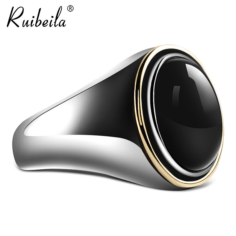 ruibeila Black Agate Gem Ring Men Too Silver Retro Personality Tide Ring Street Hip Hop