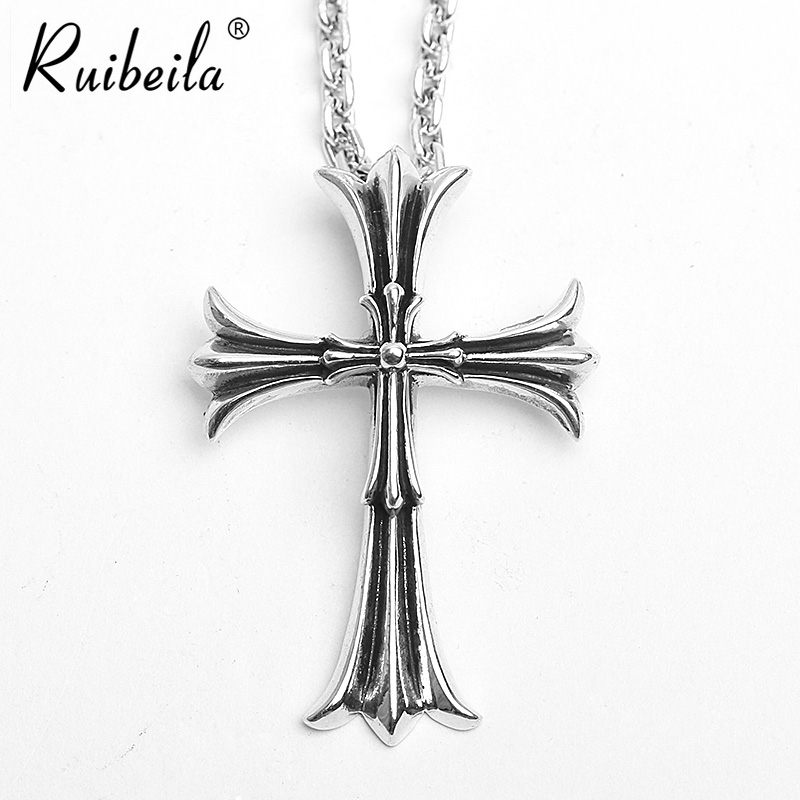 Ruibeila 925 Silver Retro Christian Double Cross NecKLACE Pendant Simple Character Men's Thai Silver Europe and America