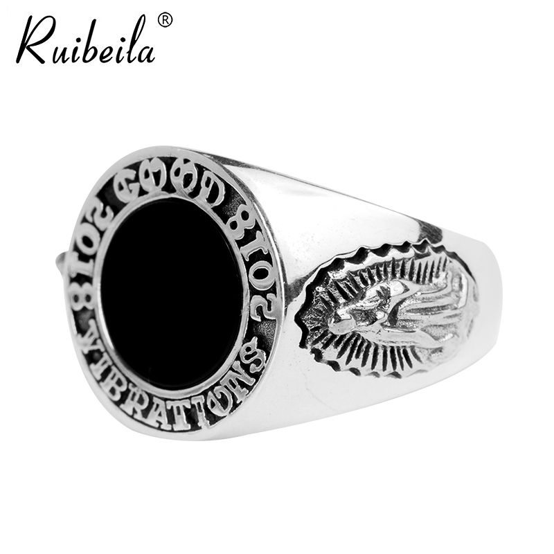 ruibeila925 silver retro Madonna's Prayer Black Manau Peacock ring Personality Gem ring Tide Cool