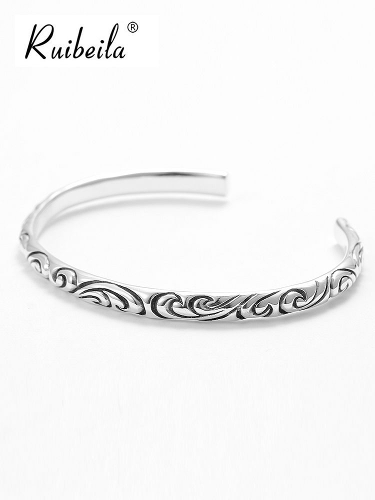 ruibeila tang grass pattern vintage simple open bracelet for men and women 925 silver single dog personality bracelet bracelet