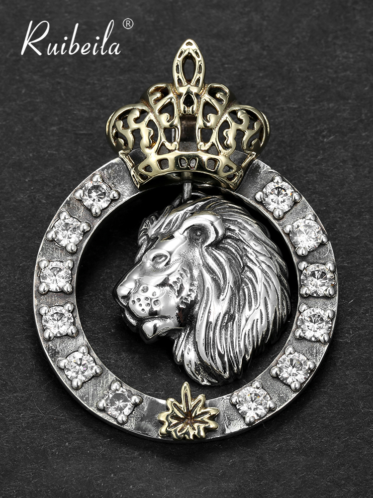 Ruibeila Retro Crown Lion King Pendant Necklace Men Tai Silver Hip-Hop hipster Men Atmostic Necklace Bully Cool